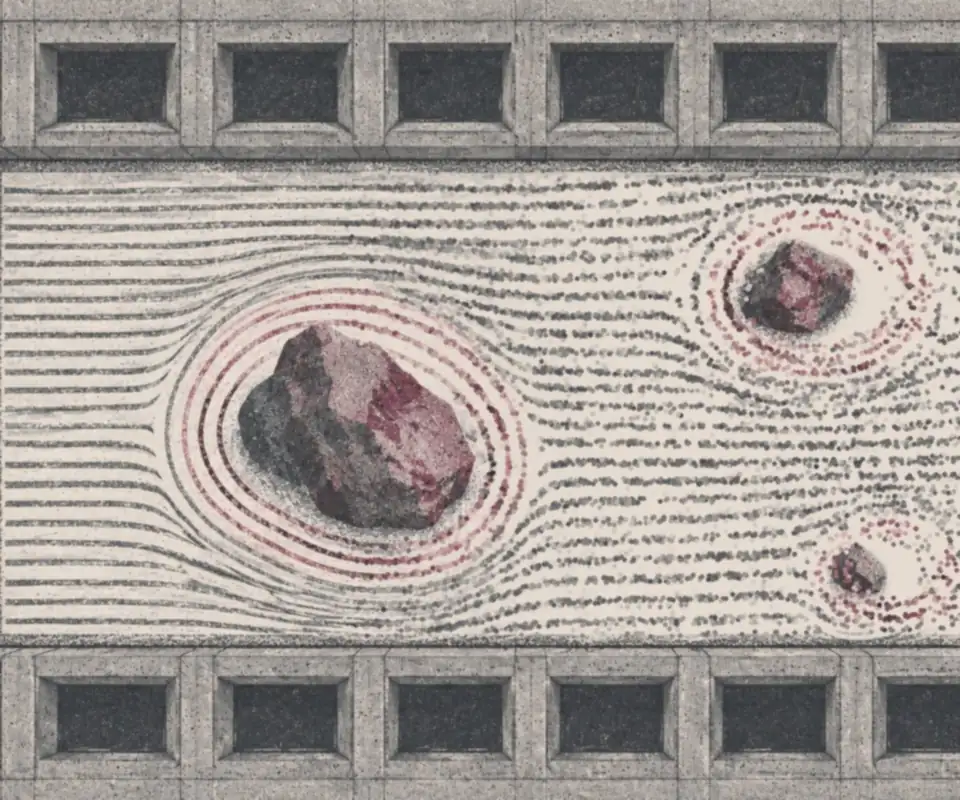 The building's courtyard garden from above as a print: raked lines around three stones