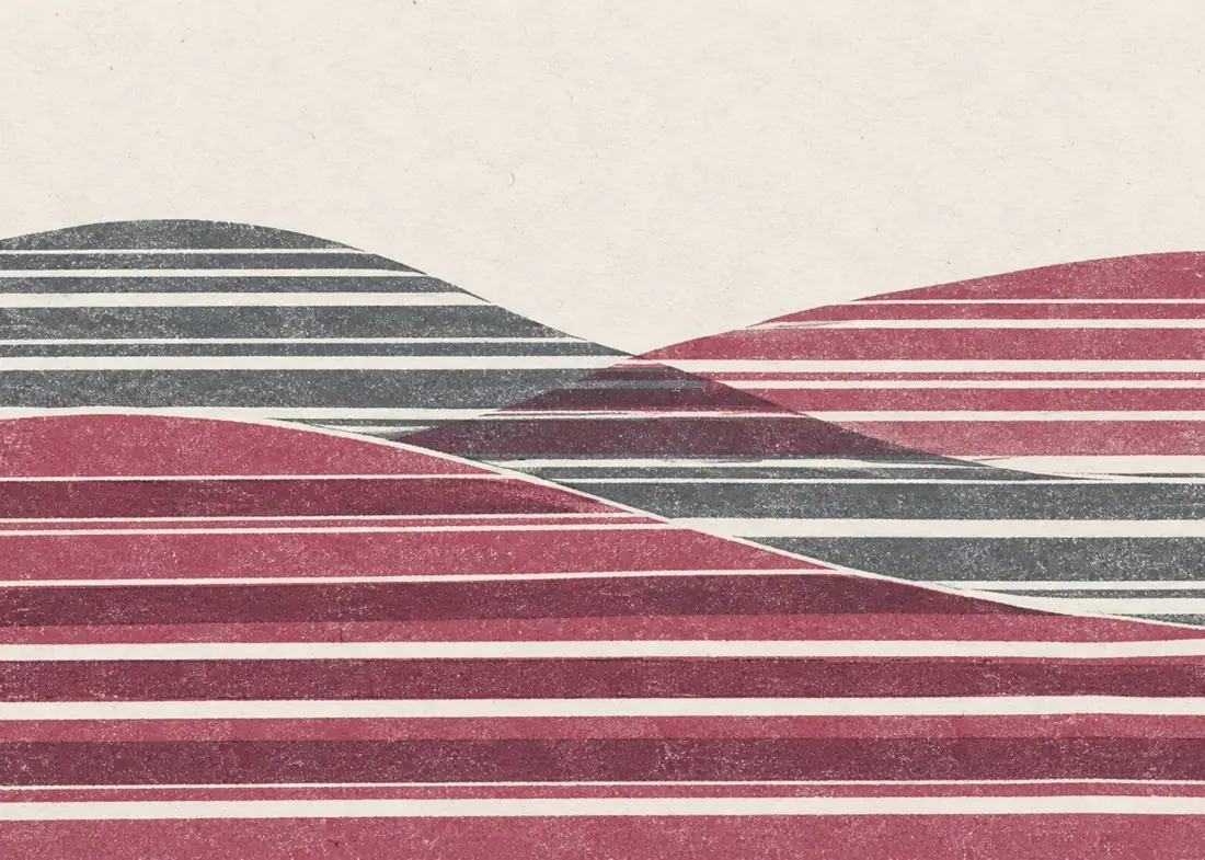 Striped hills, a two-colour risograph print